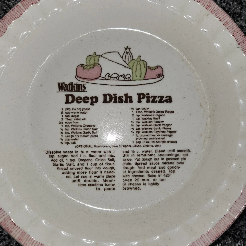 Vtg Watkins Deep Dish Pizza Recipe Ceramic Pie Plate Dish Rare HTF Discontinued